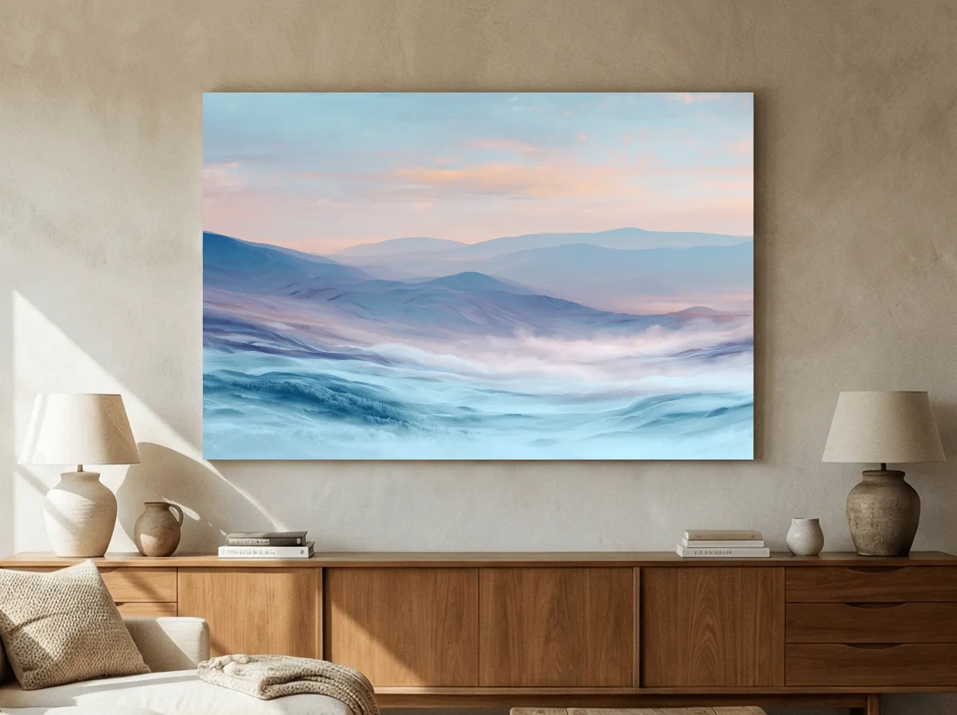 Ethereal Pastel Misty Mountain Landscape - Serene Abstract Forest Wall Art