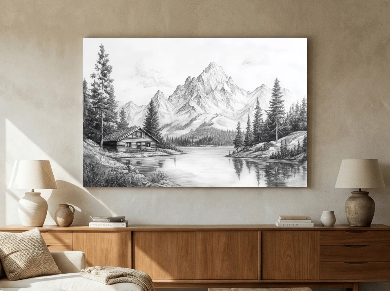 Vintage Pencil Sketch Alpine Lake Cabin - Black And White Mountain Landscape Wall Art
