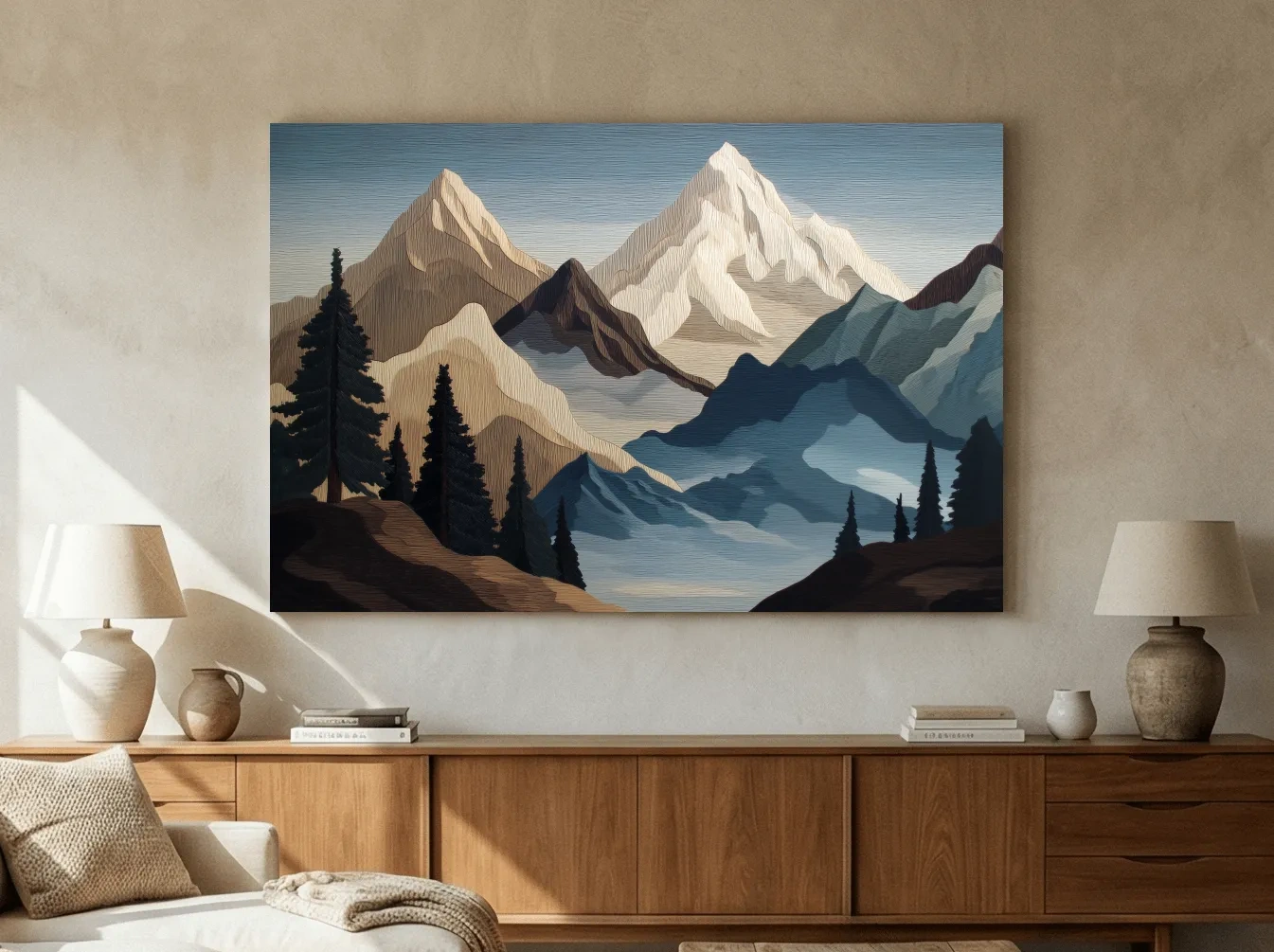 Textured Layered Alpine Mountain Peaks - Scenic Forest Wall Art