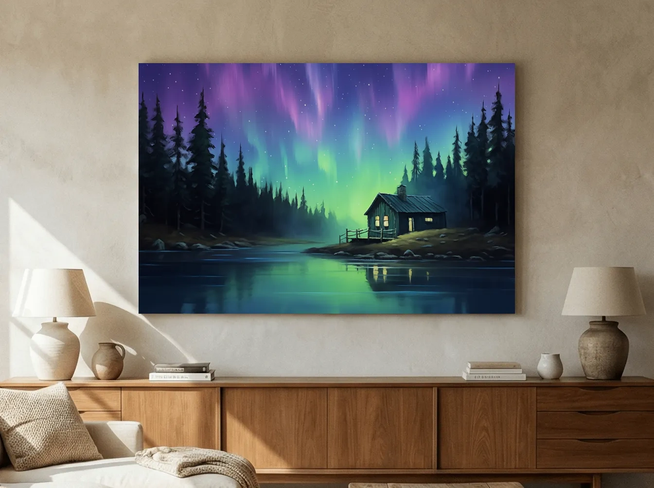 Northern Lights Over Lakeside Cabin Painting - Aurora Borealis Night Wall Art