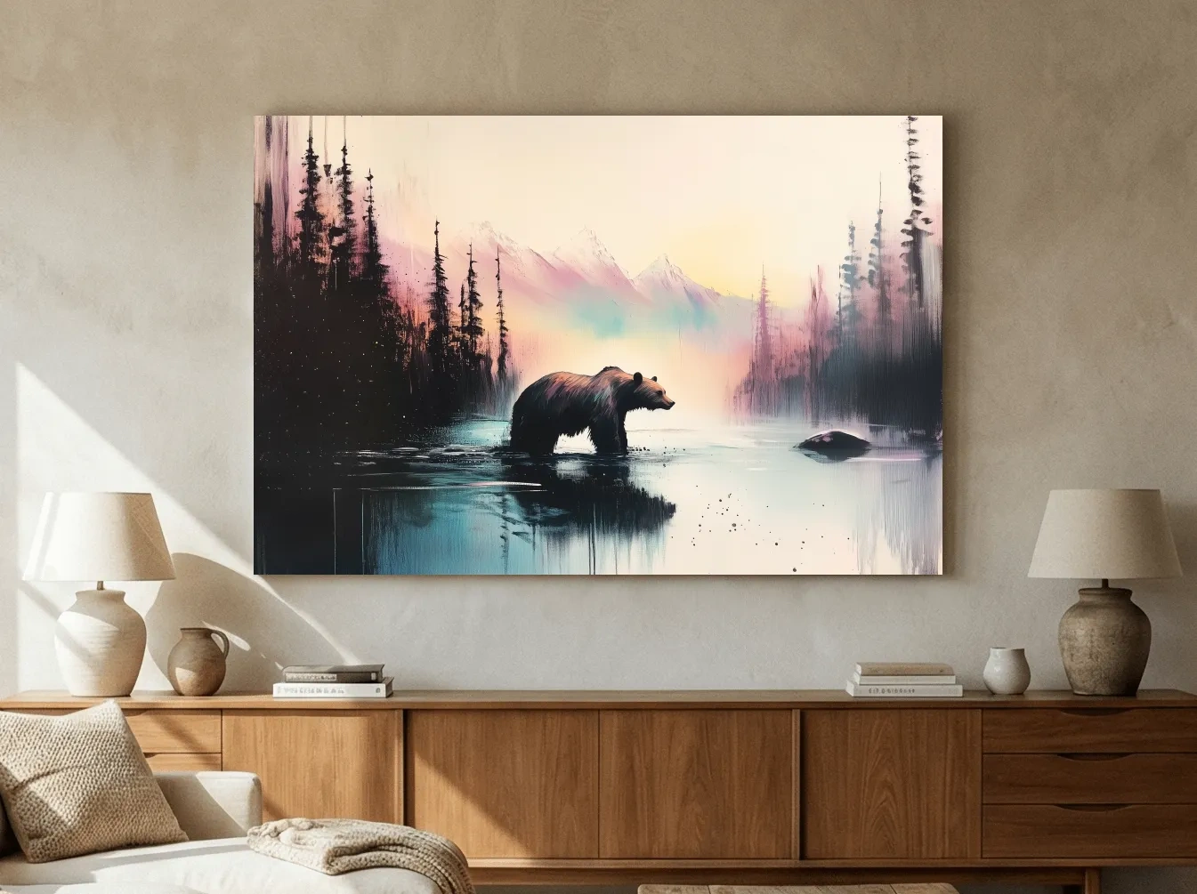Moody Watercolor Grizzly Bear Lake Reflection - Misty Mountain Wilderness Wall Art