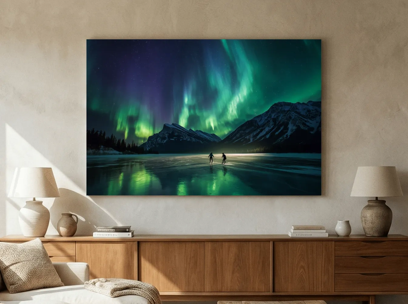Ice Skaters Under Vibrant Northern Lights - Aurora Borealis Photographic Wall Art