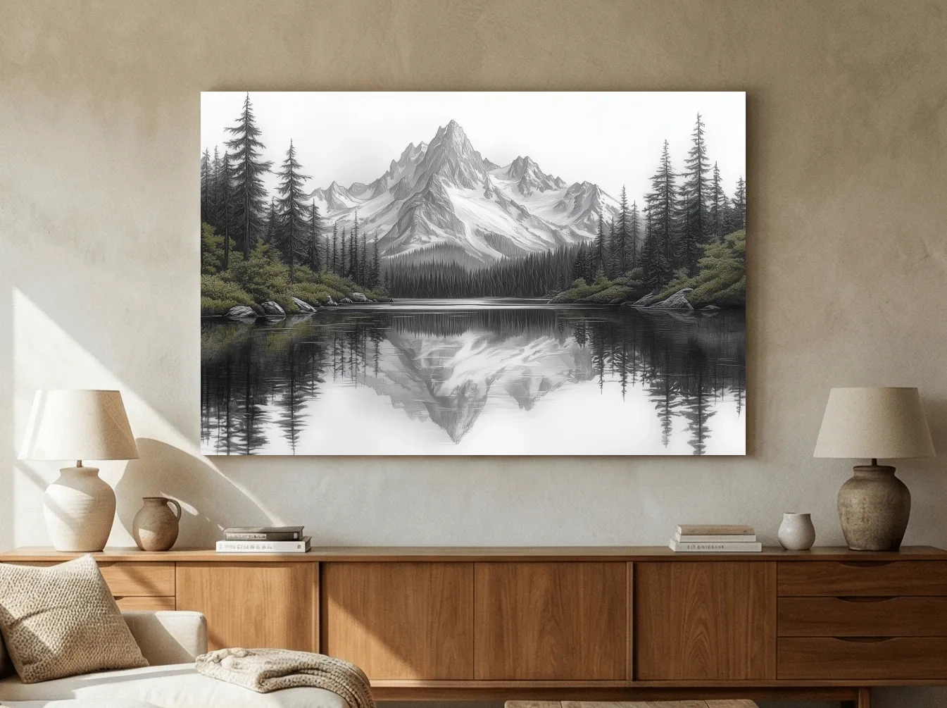 Monochrome Alpine Mountain Lake Reflection Sketch Artwork - Minimalist Forest Landscape Wall Art