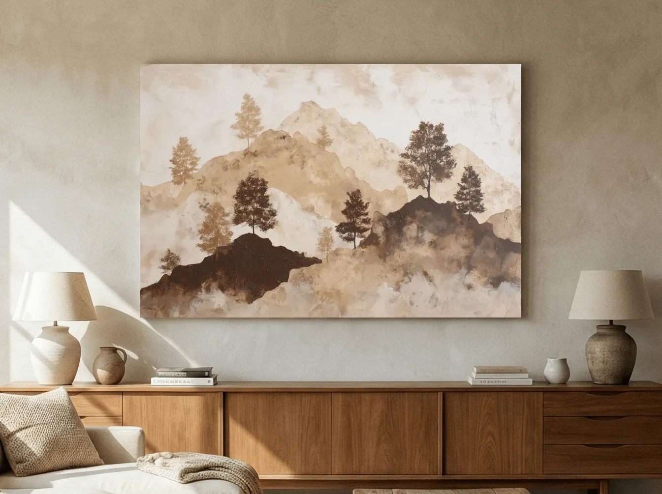 Wabi-Sabi Mountain Tree Silhouettes Painting - Minimalist Landscape Wall Art