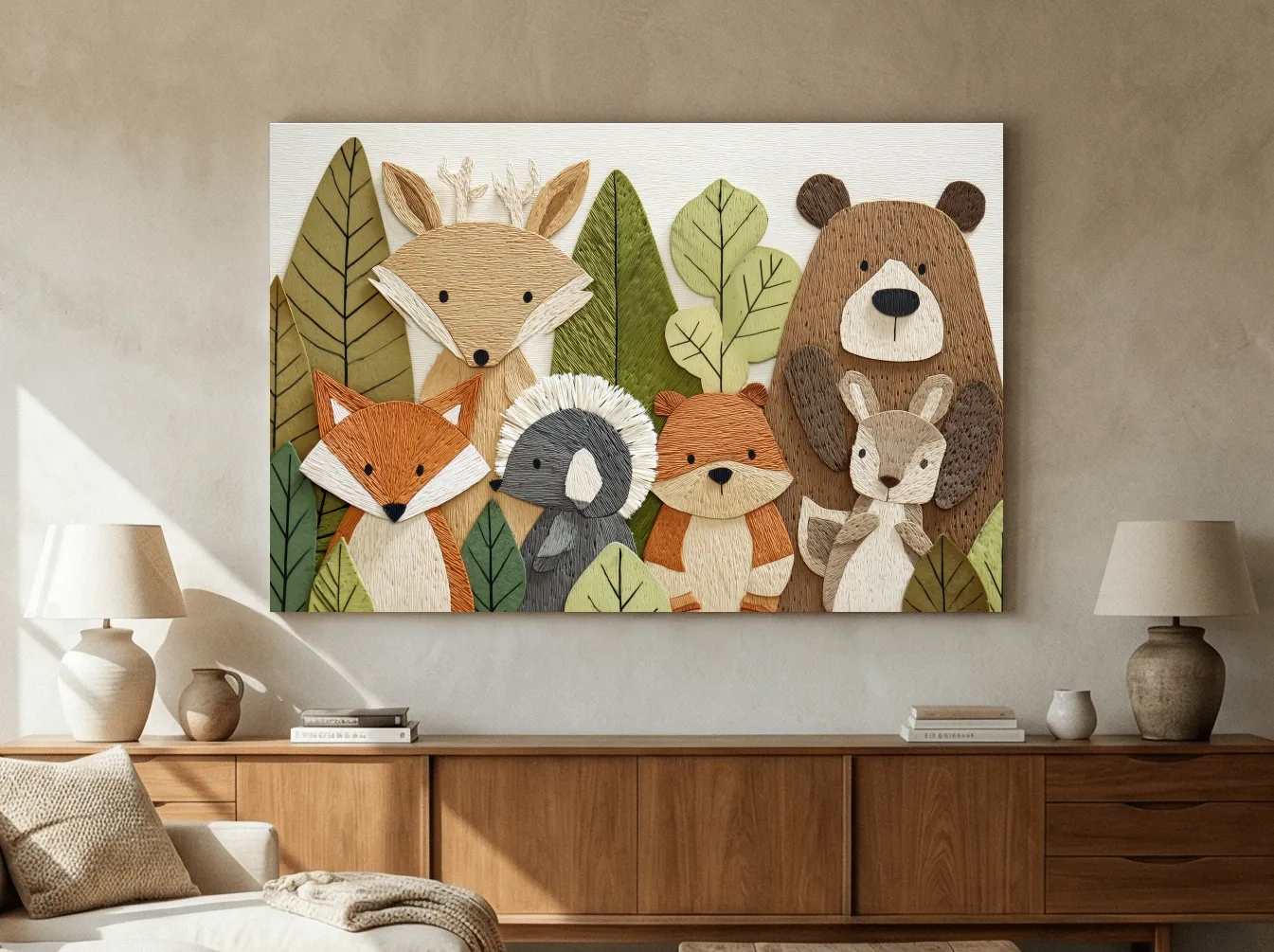 Woodland Animal Nursery Decor - Cute Forest Animals Embroidery Style Wall Art