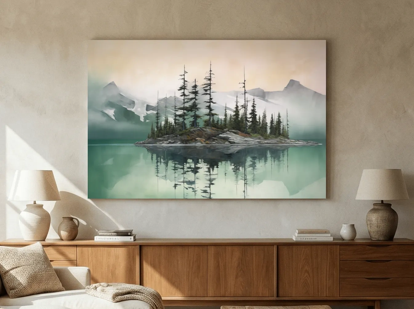 Misty Turquoise Alpine Lake Reflection - Serene Watercolor Mountain Landscape Wall Art