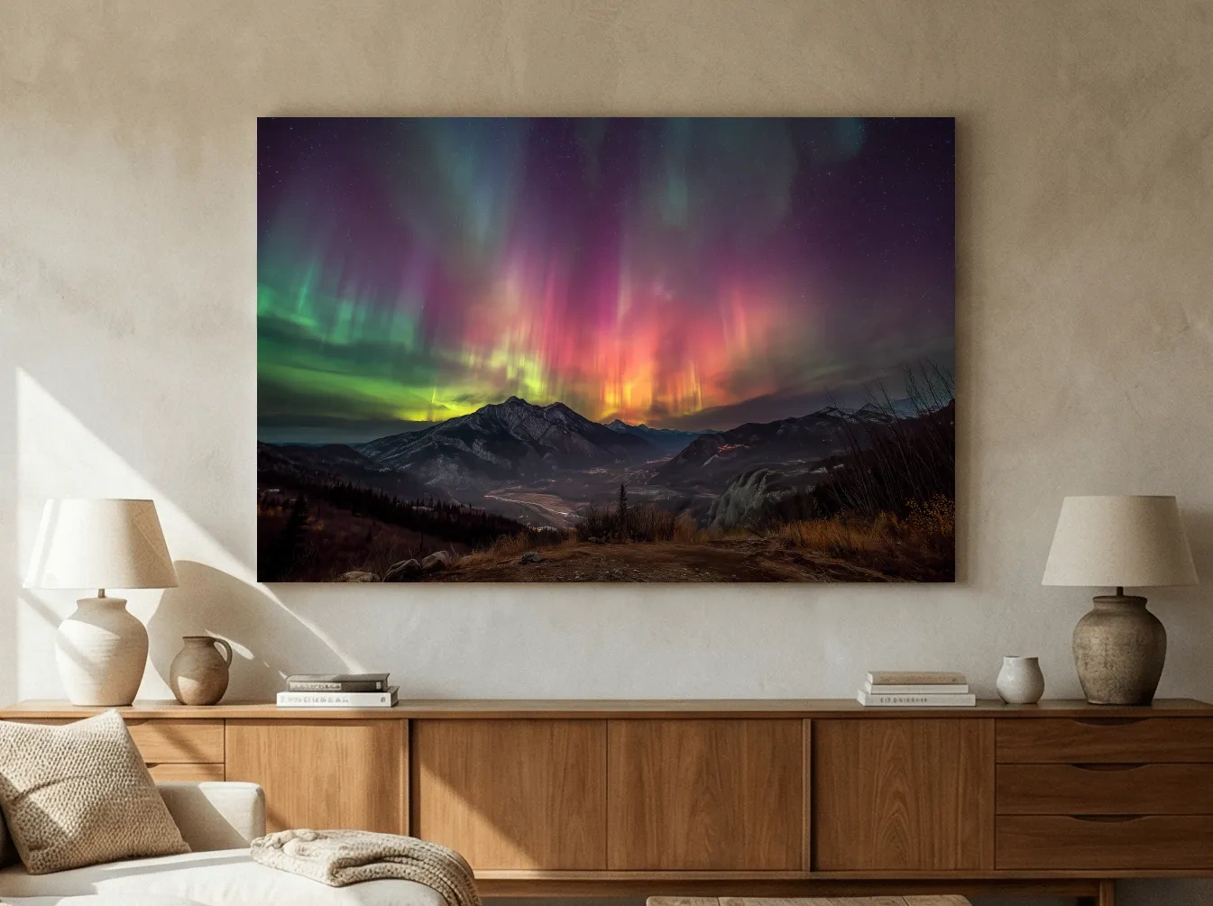 Vibrant Aurora Borealis Over Mountain Range - Colorful Northern Lights Landscape Wall Art