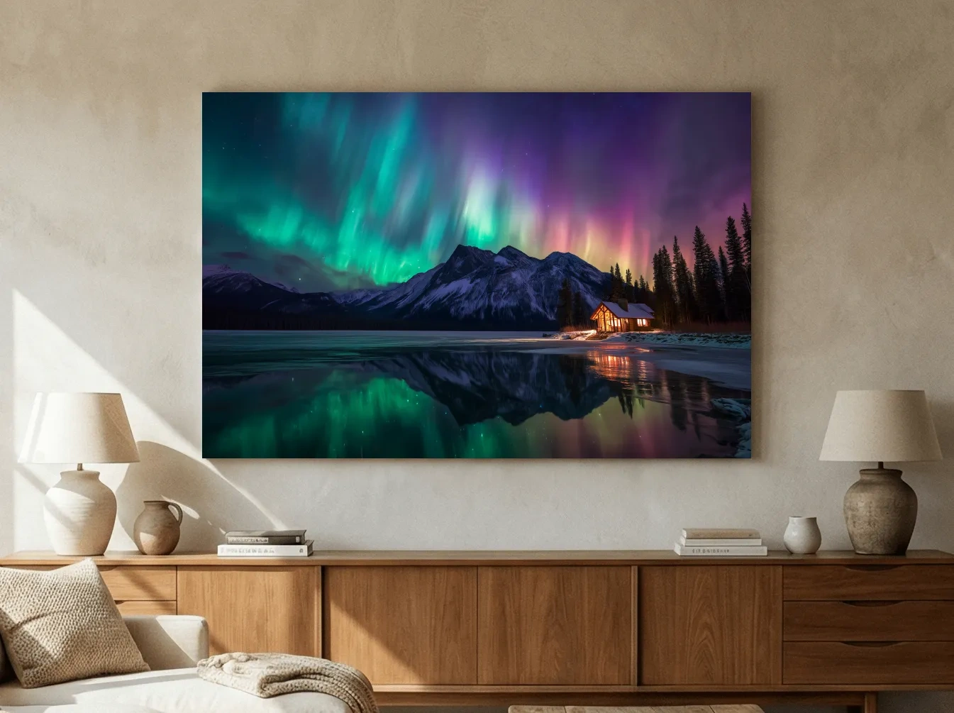Vibrant Northern Lights Over Mountain Lake Cabin - Aurora Borealis Landscape Wall Art