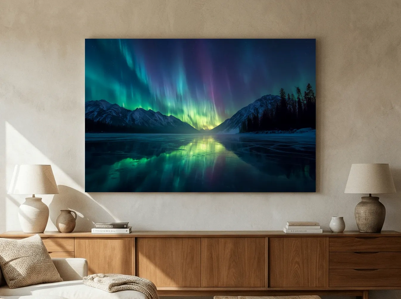 Vibrant Northern Lights Over Icy Mountain Lake - Aurora Borealis Wall Art