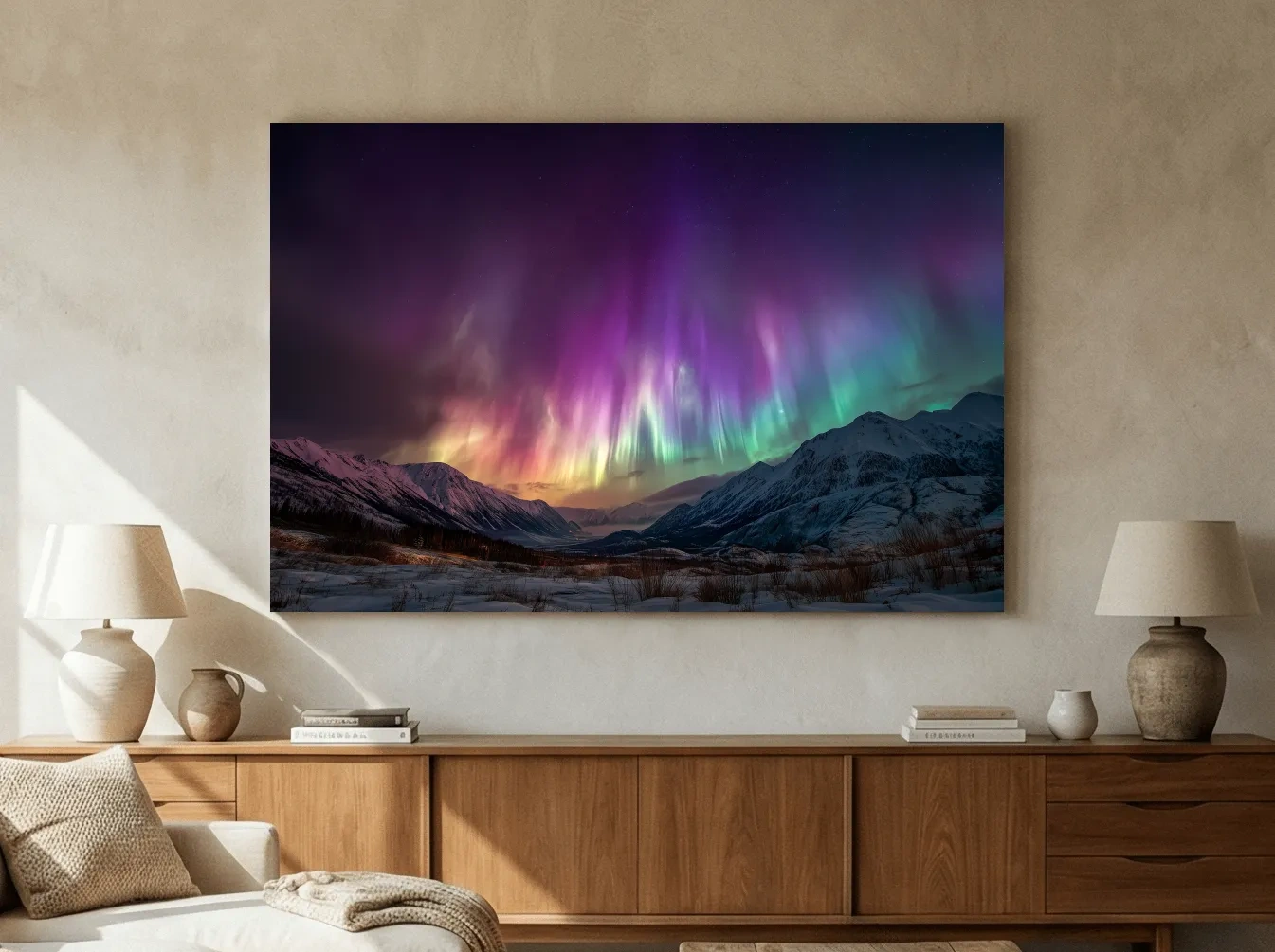 Vibrant Aurora Borealis Over Snowy Mountains - Northern Lights Night Sky Wall Art