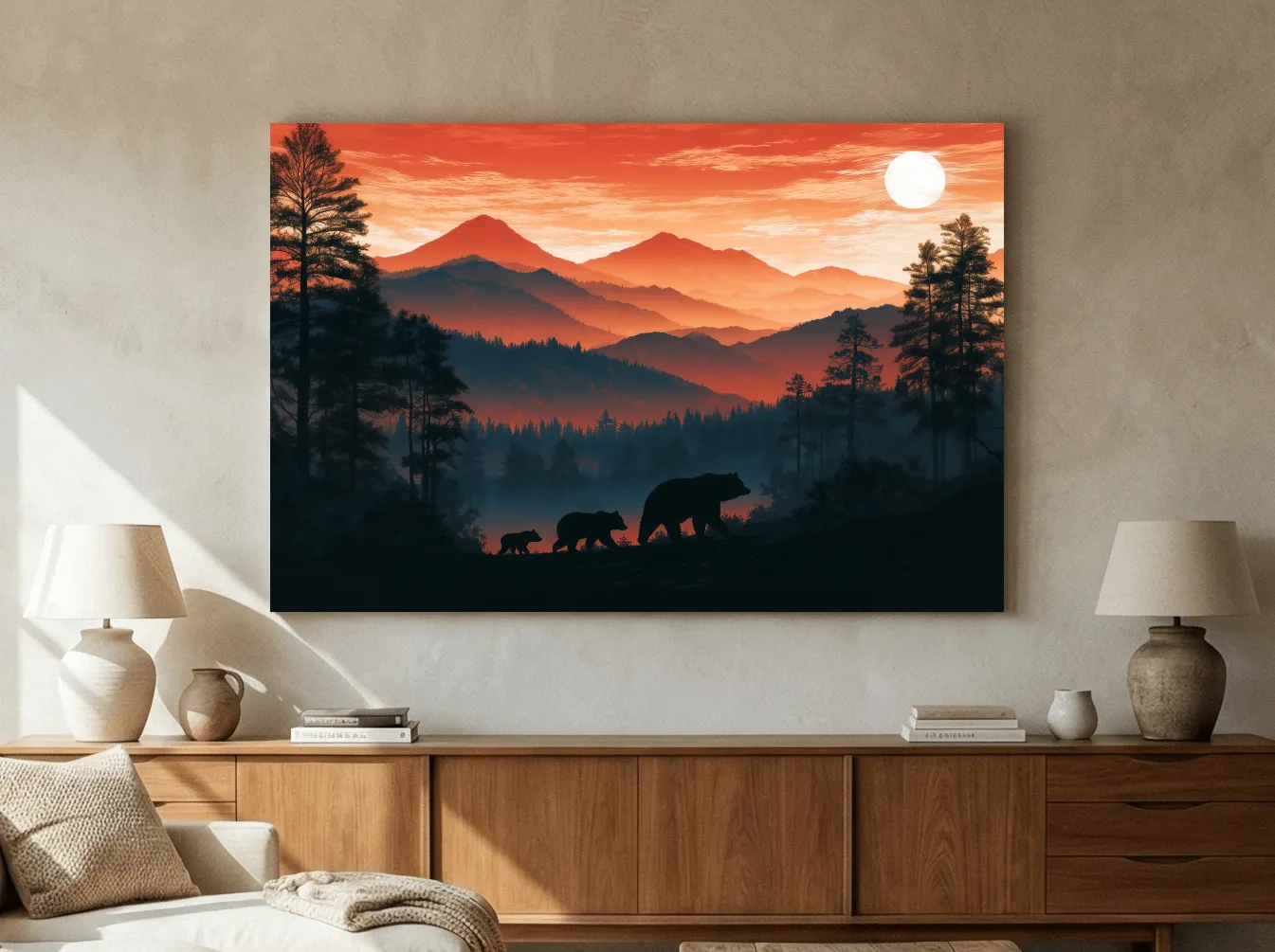 Mountain Sunset Bear Family Silhouettes - Wilderness Landscape Artwork