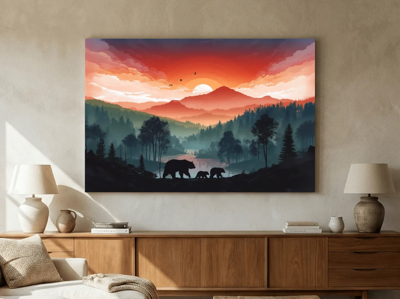 Sunset Bear Family Silhouette Landscape - Misty Mountain Forest Wall Art