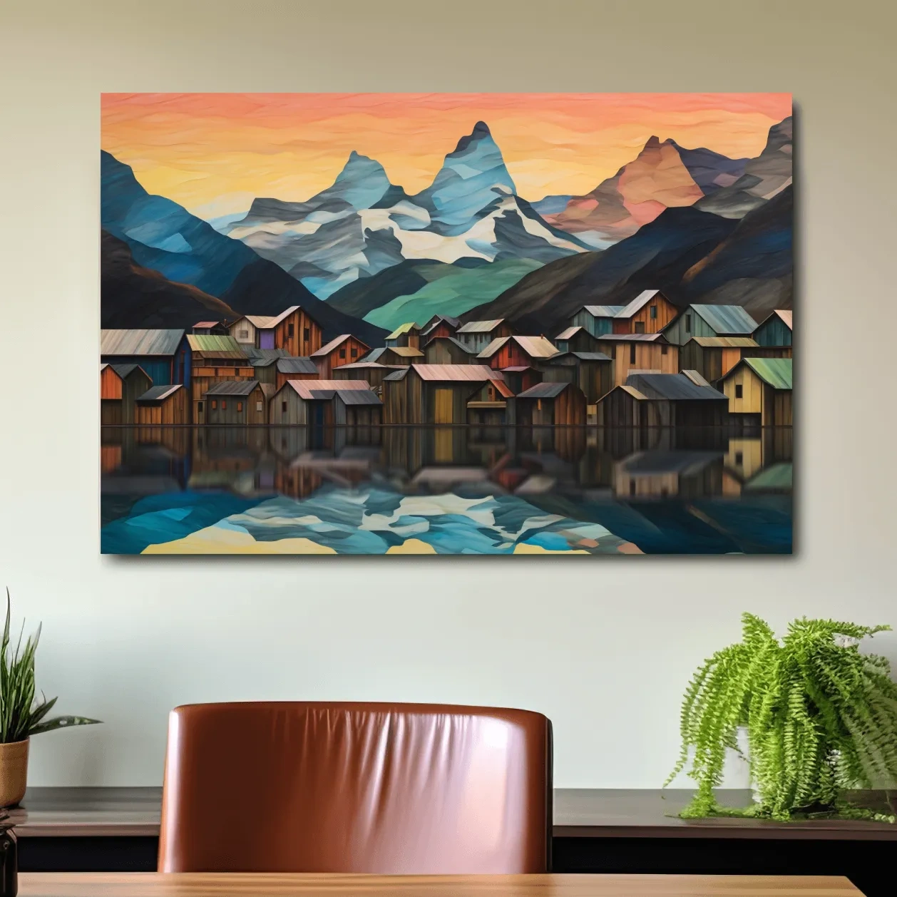 Alpine Mountain Village Reflections - Colorful Paper Cut Style Wall Art