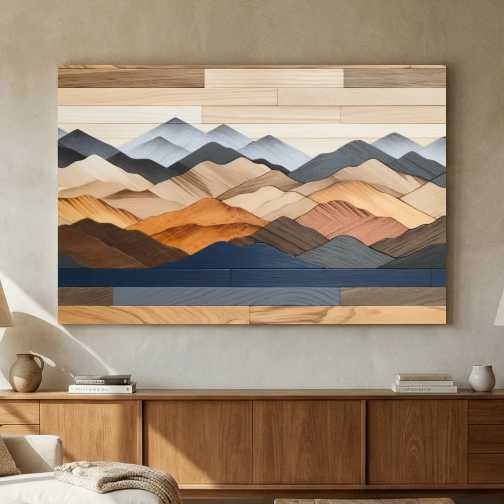 Rustic Layered Wooden Mountain Range Panorama - Modern Geometric Wall Art