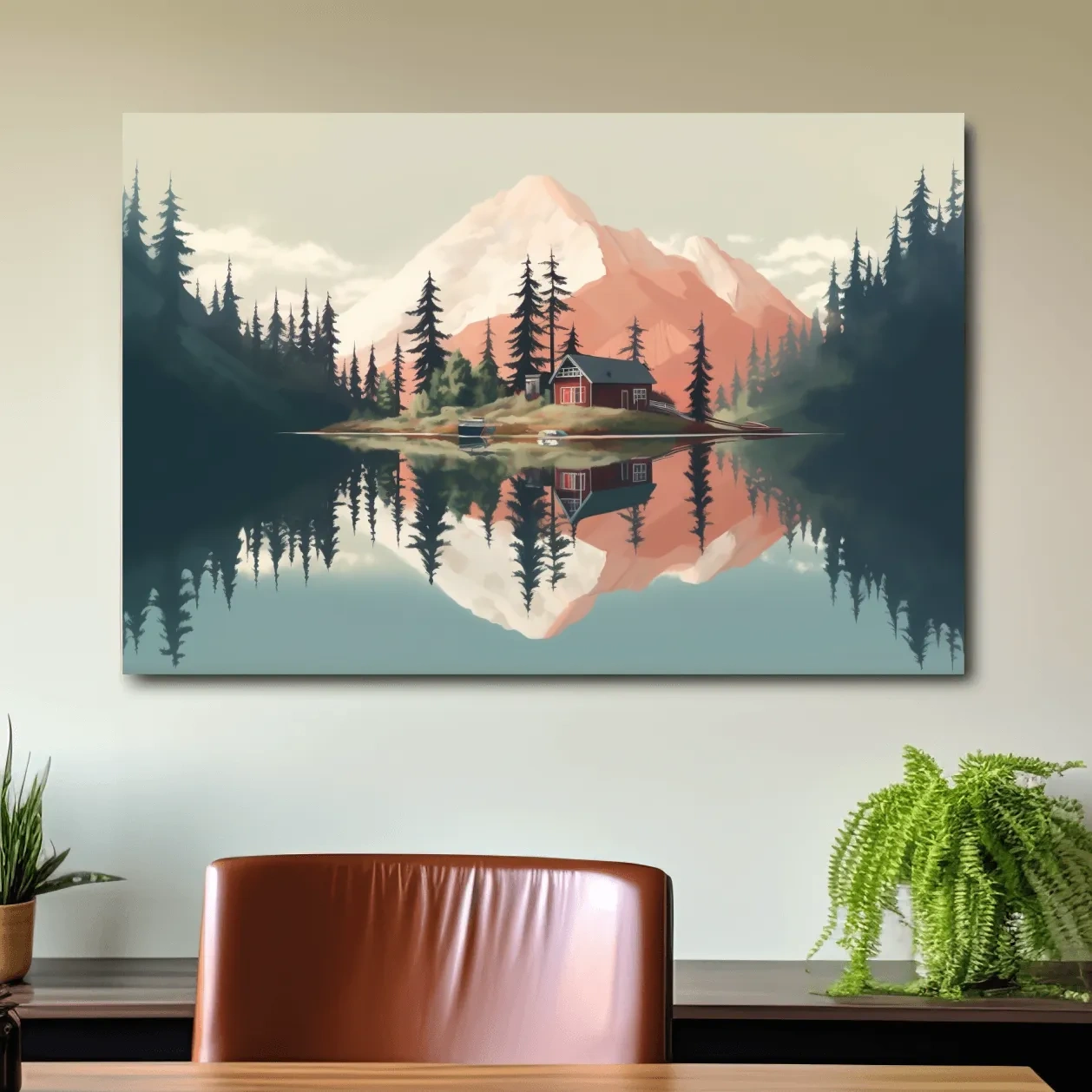 Serene Alpine Lake Cabin Artwork - Minimalist Mountain Landscape Wall Art