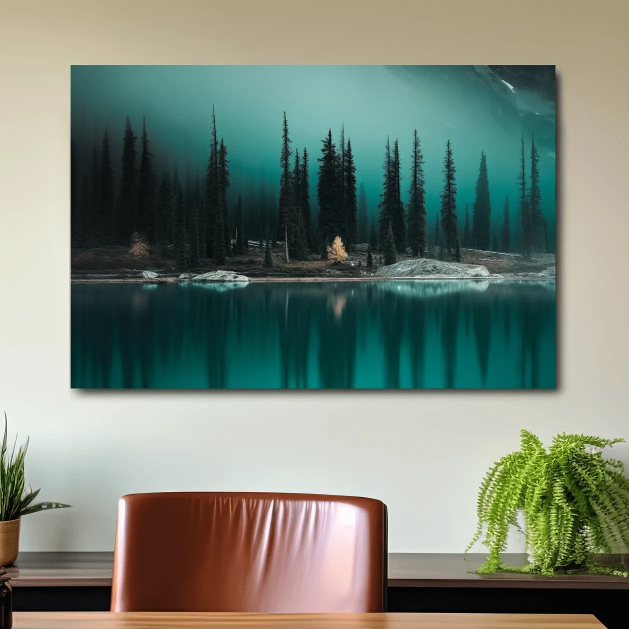 Misty Pine Forest Turquoise Alpine Lake - Serene Mountain Landscape Wall Art