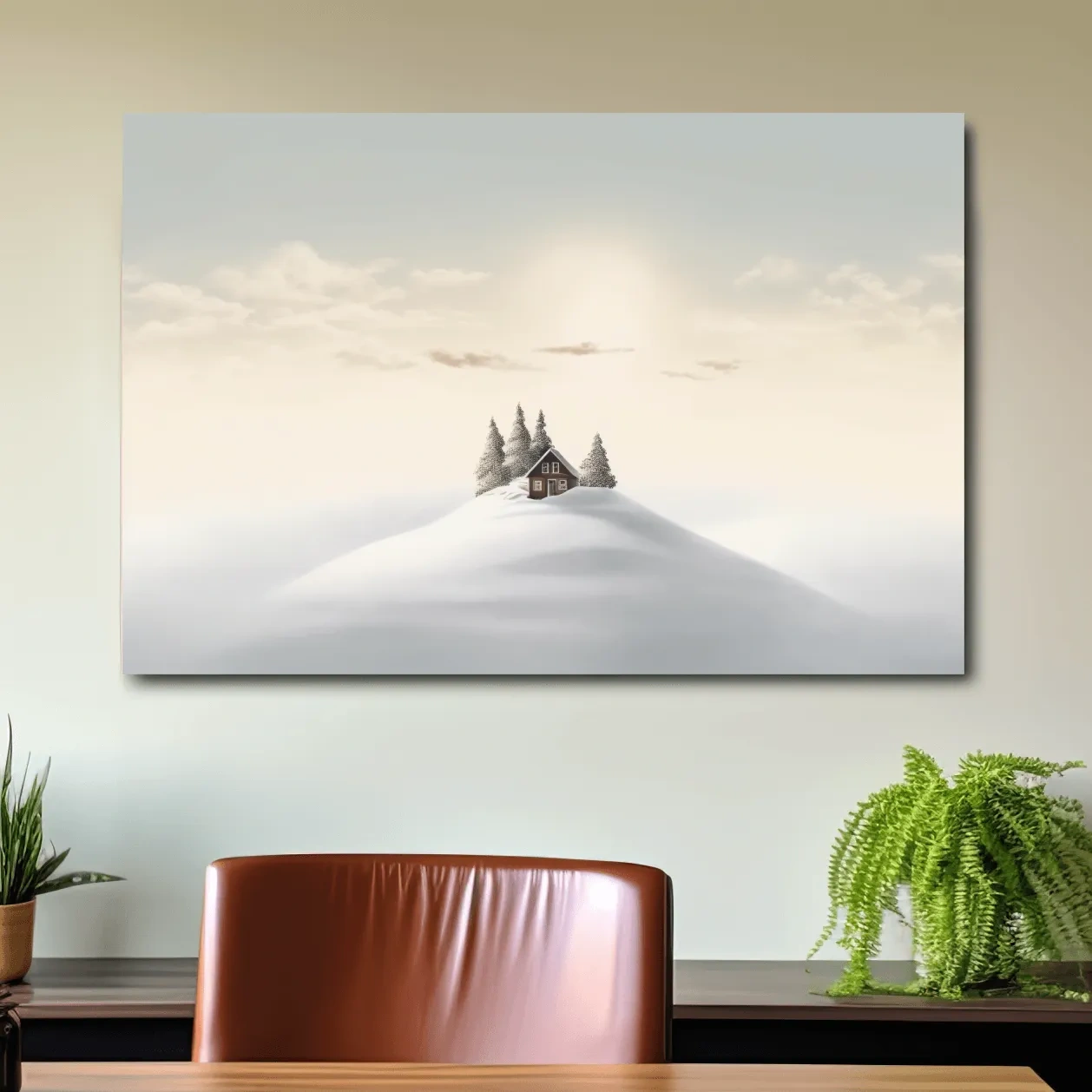 Minimal painting, cabin in the snow