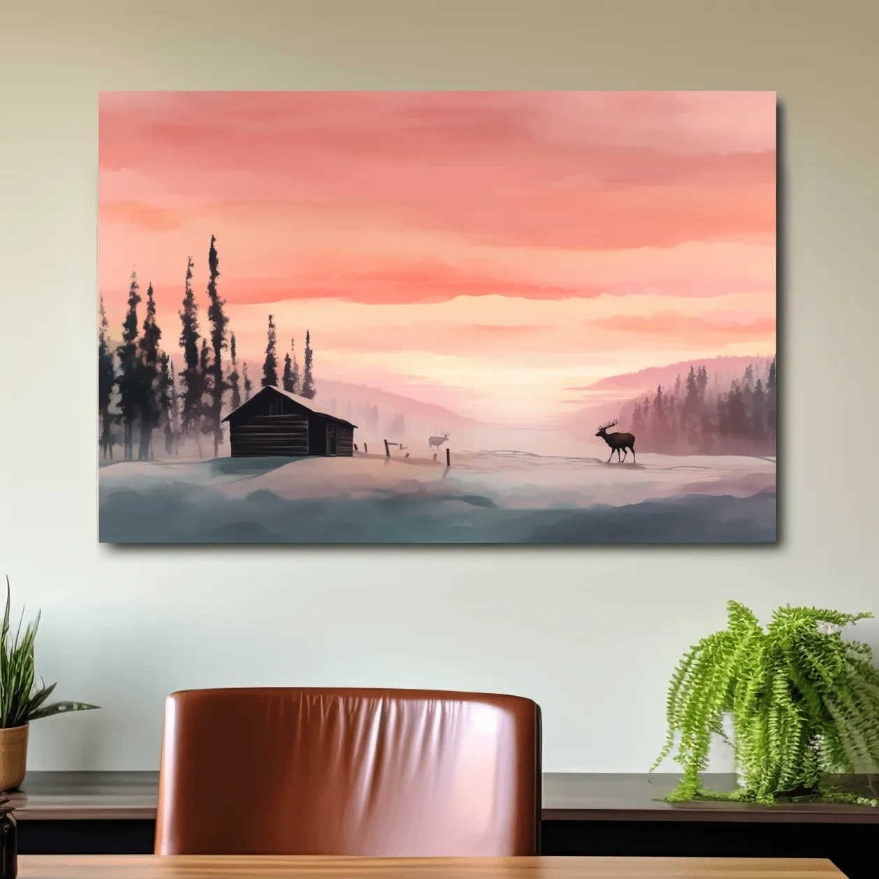 Sunset mountain scene, deer in the snow