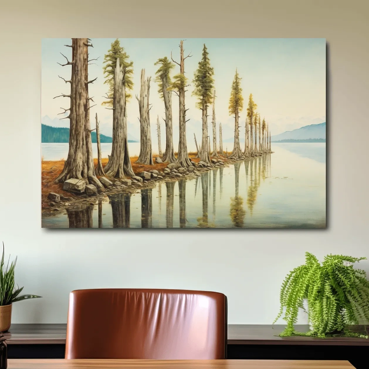 Painting of a line of trees beside a lake and mountains
