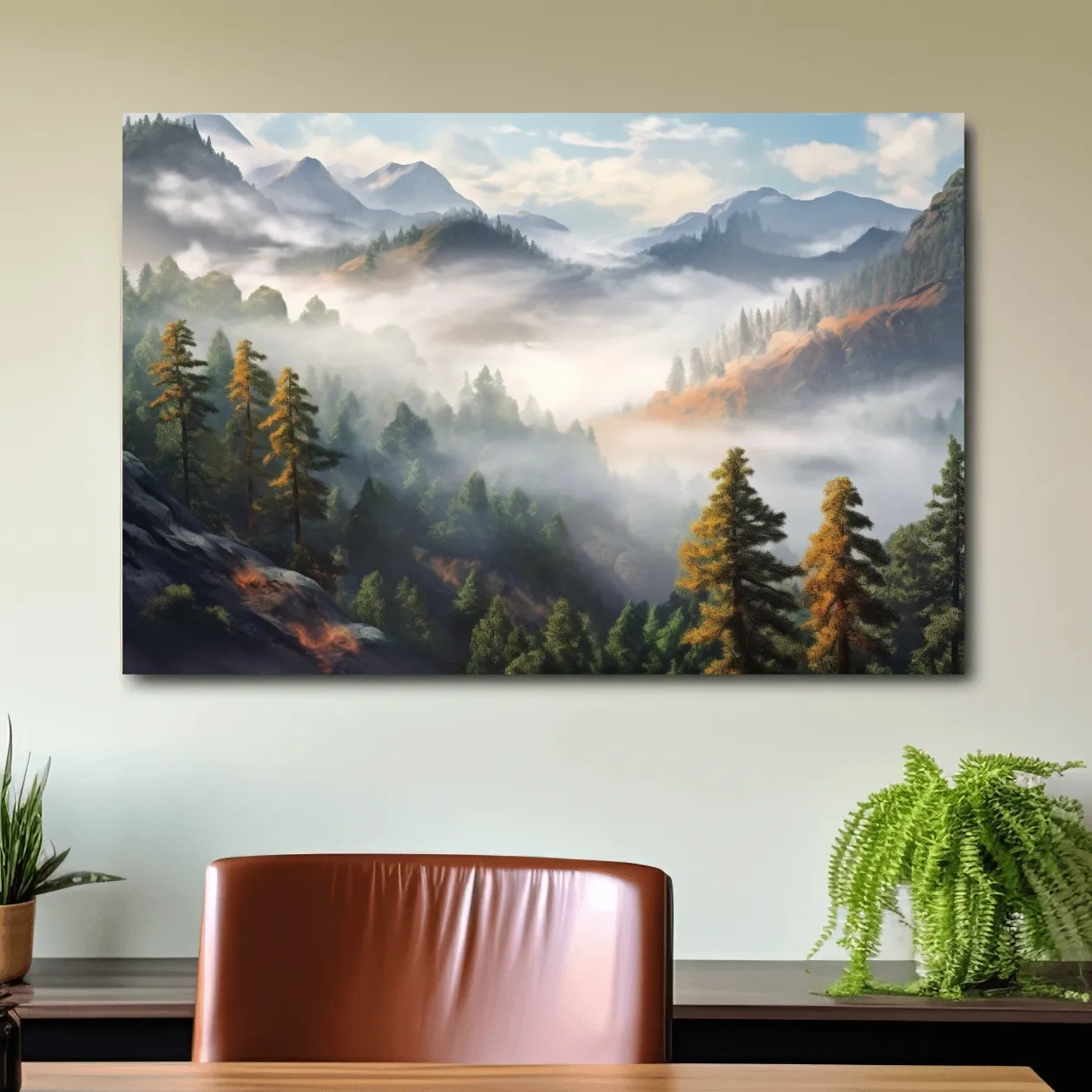 Painting of fog rolling through the trees and mountains