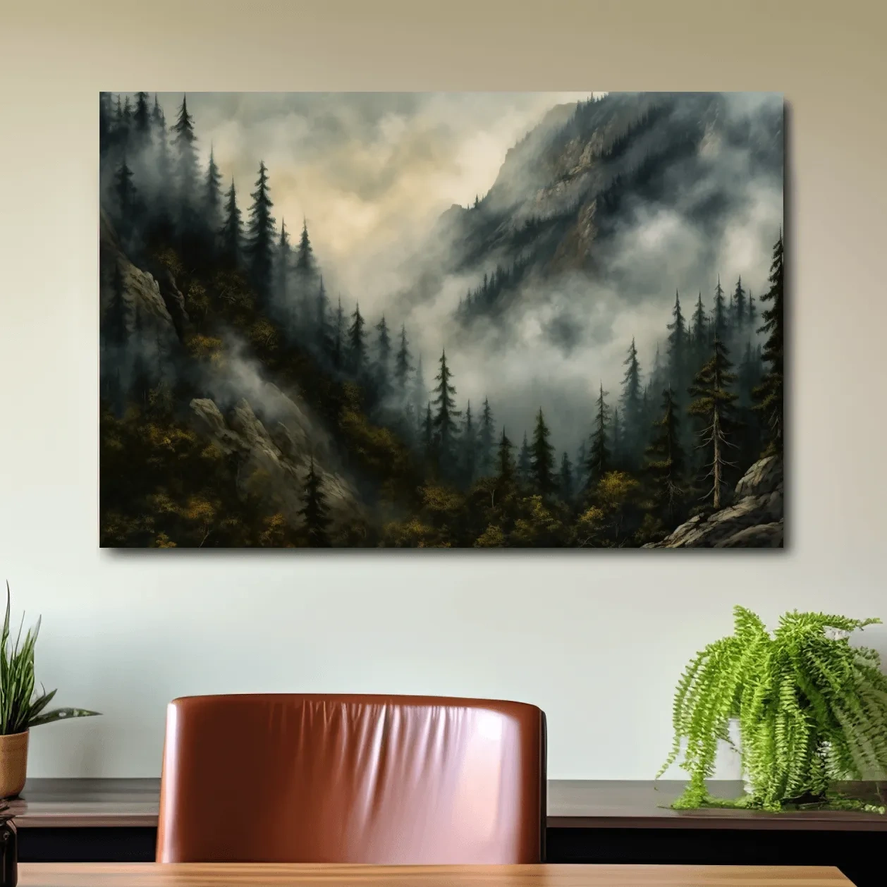 Painting of fog rolling through the trees and mountains, foggy forest artwork