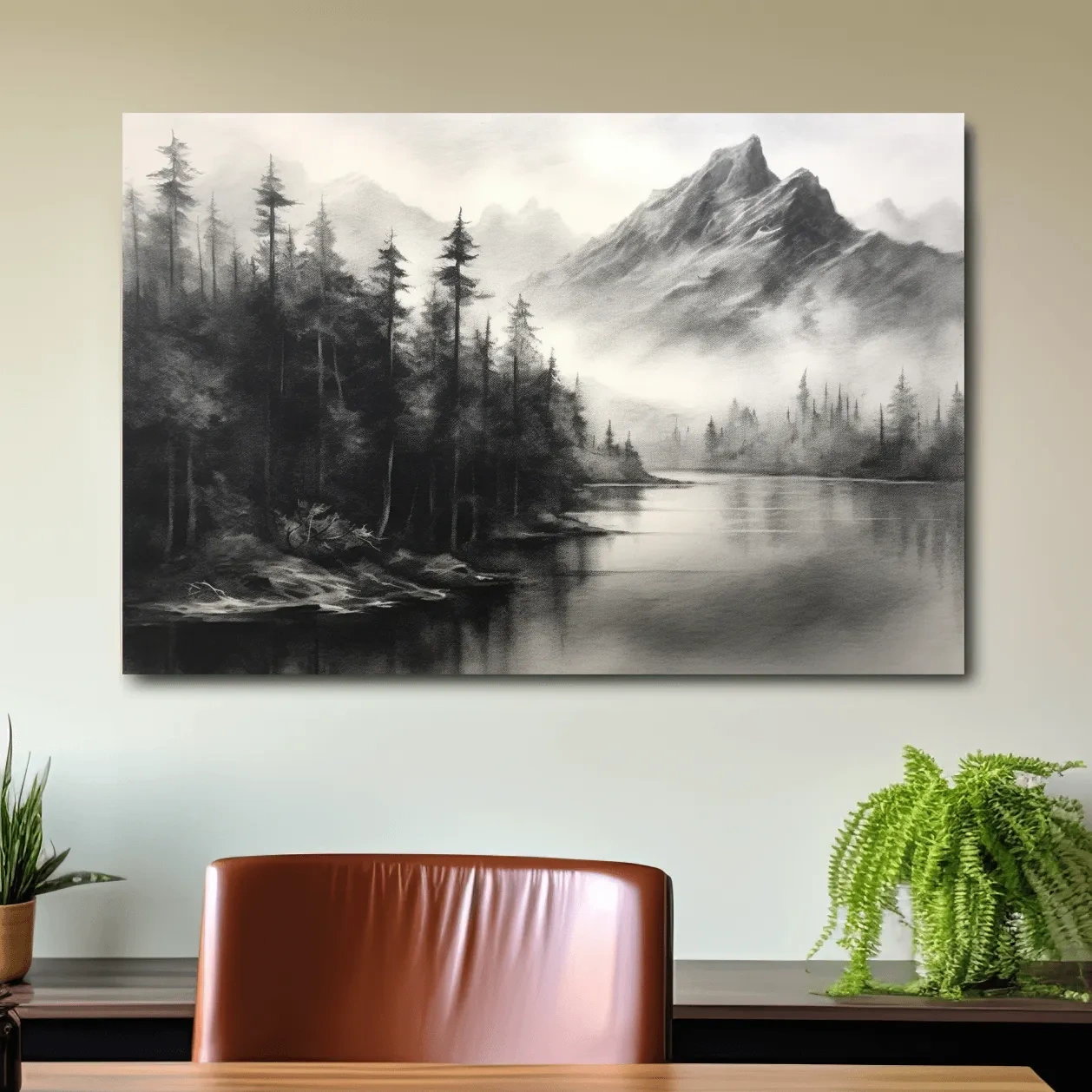 Charcoal drawing of mountains and a lake