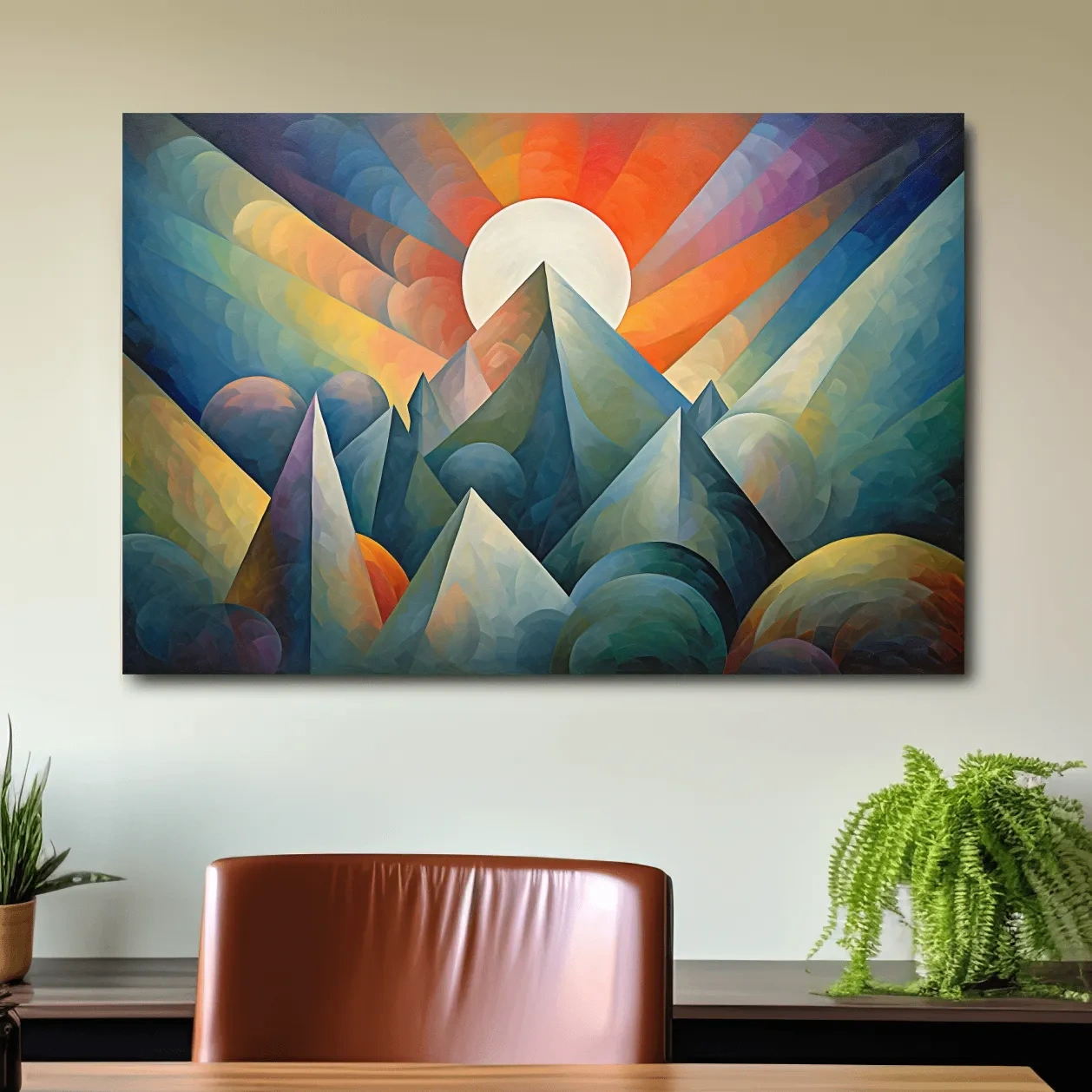 Abstract painting of mountains at sunrise