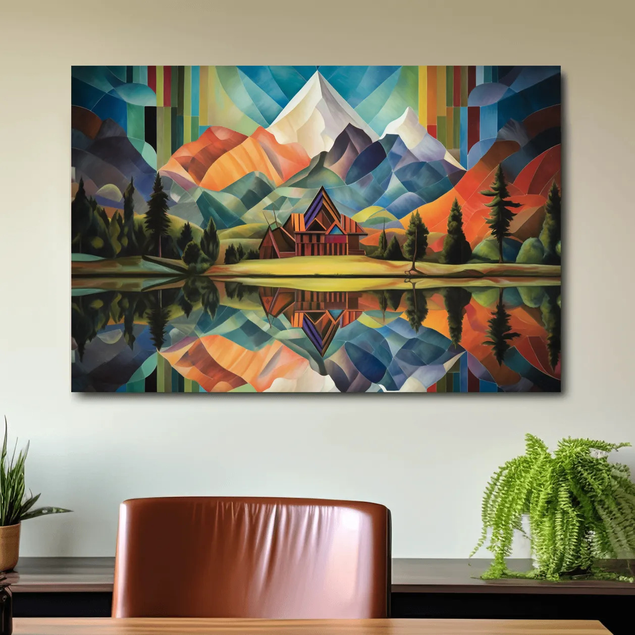 Abstract oil painting of a cabin by a lake, mountain scenery