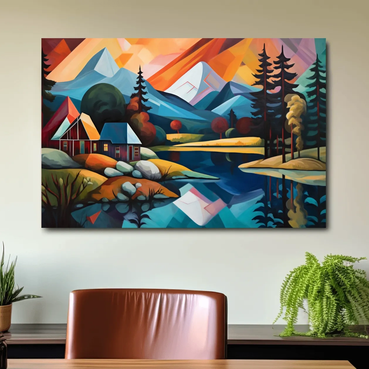 Vibrant Geometric Mountain Lake Cabin Oil Painting - Modern Abstract Wall Art