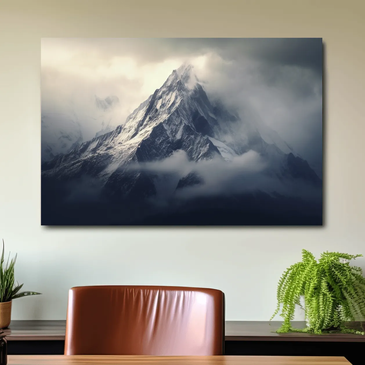 Photographic art, snow capped mountain in the clouds