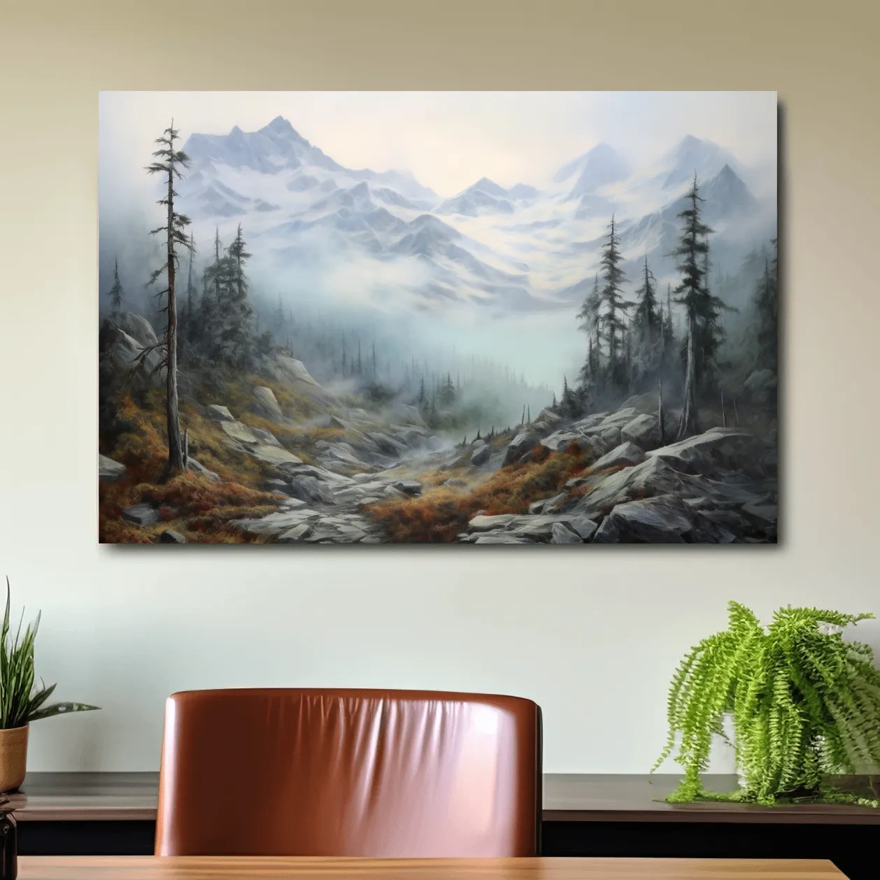 Painting of fog rolling through an alpine scene