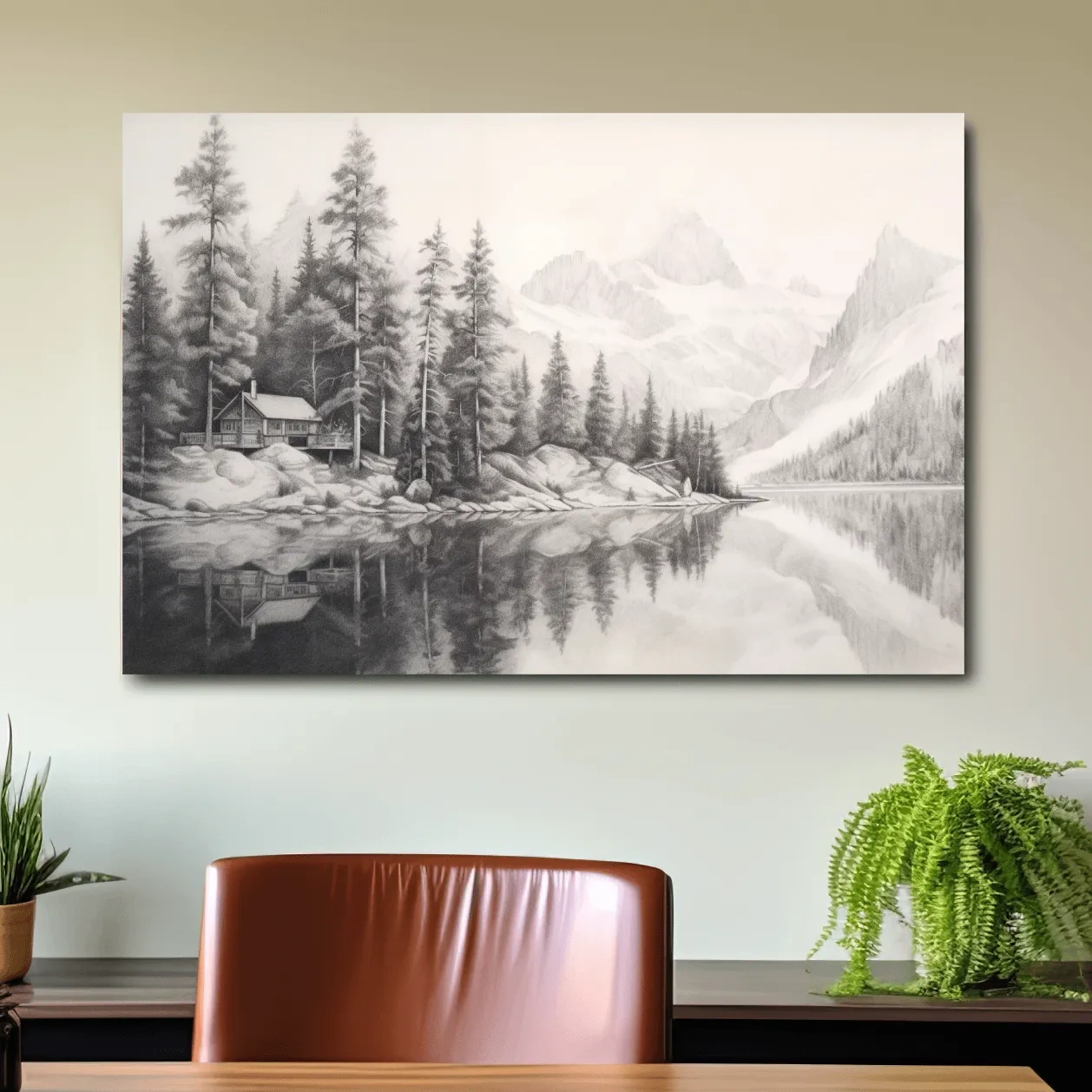 Lead pencil drawing of a cabin by a glacial lake