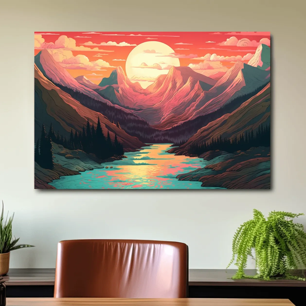 Illustration of a mountain landscape at sunset