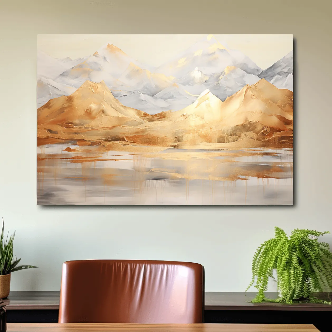 Luxe Golden Abstract Mountain Lake Painting - Elegant Landscape Wall Art