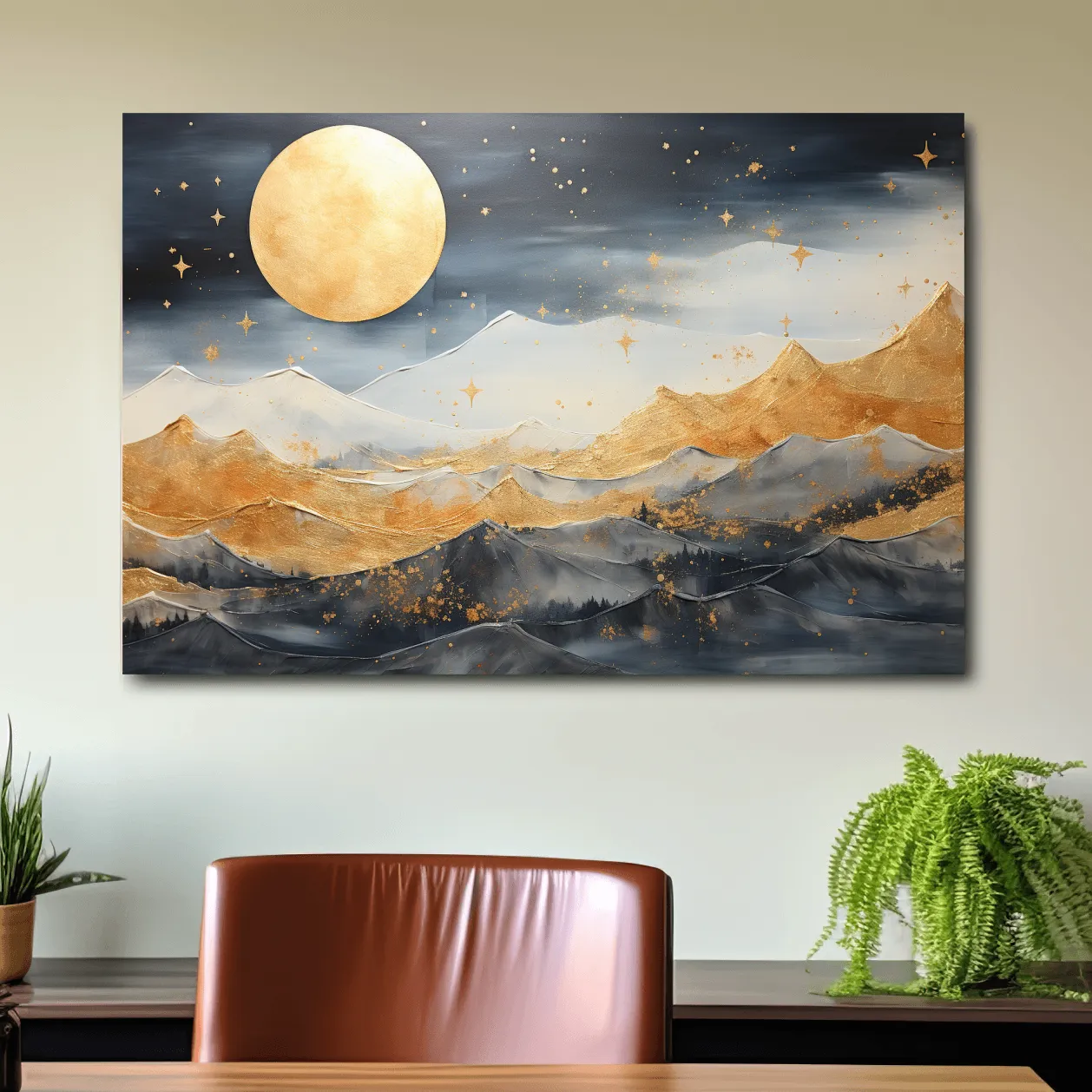 Elegant gold painting of mountains under the stars