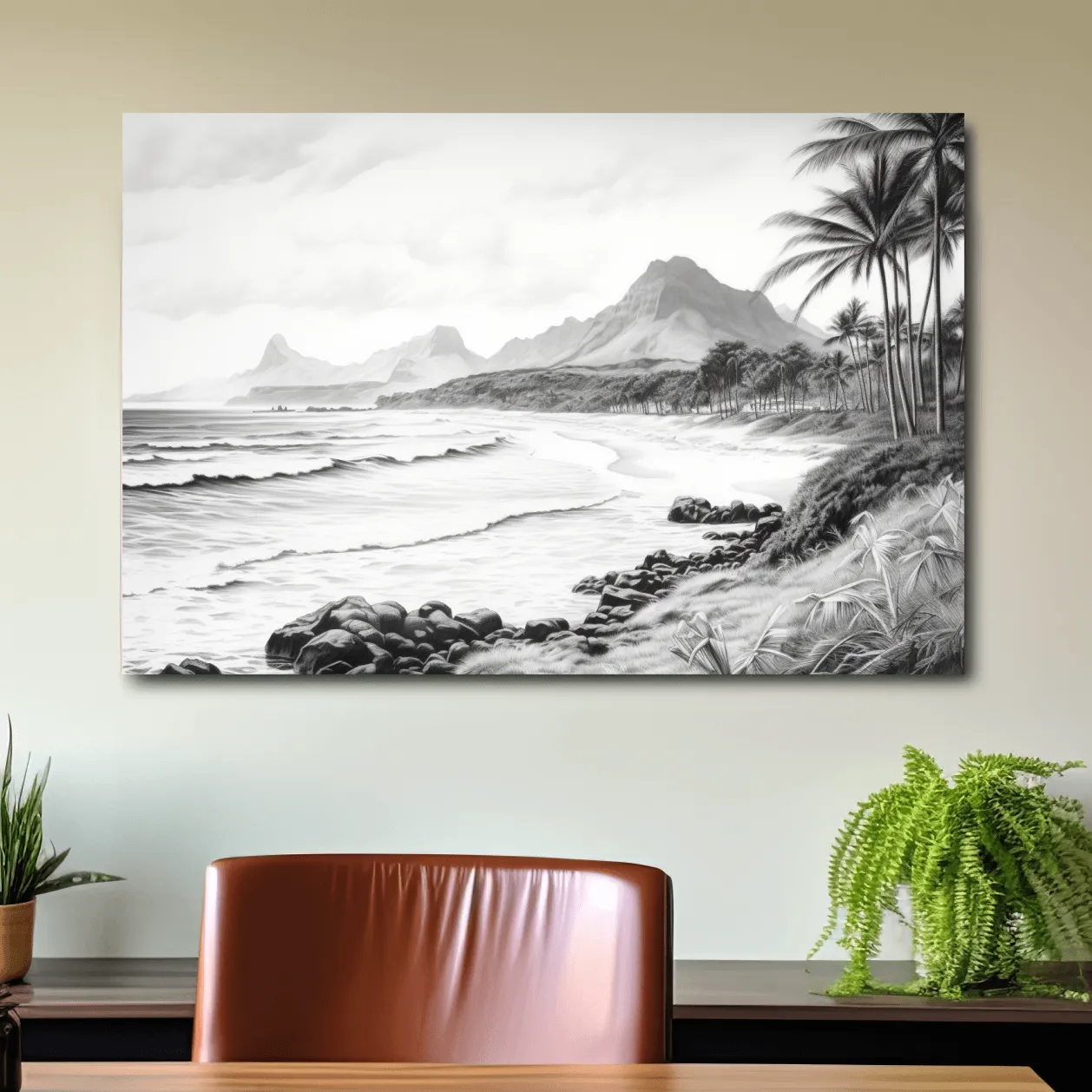 Black and white drawing of a tropical beach mountain scene