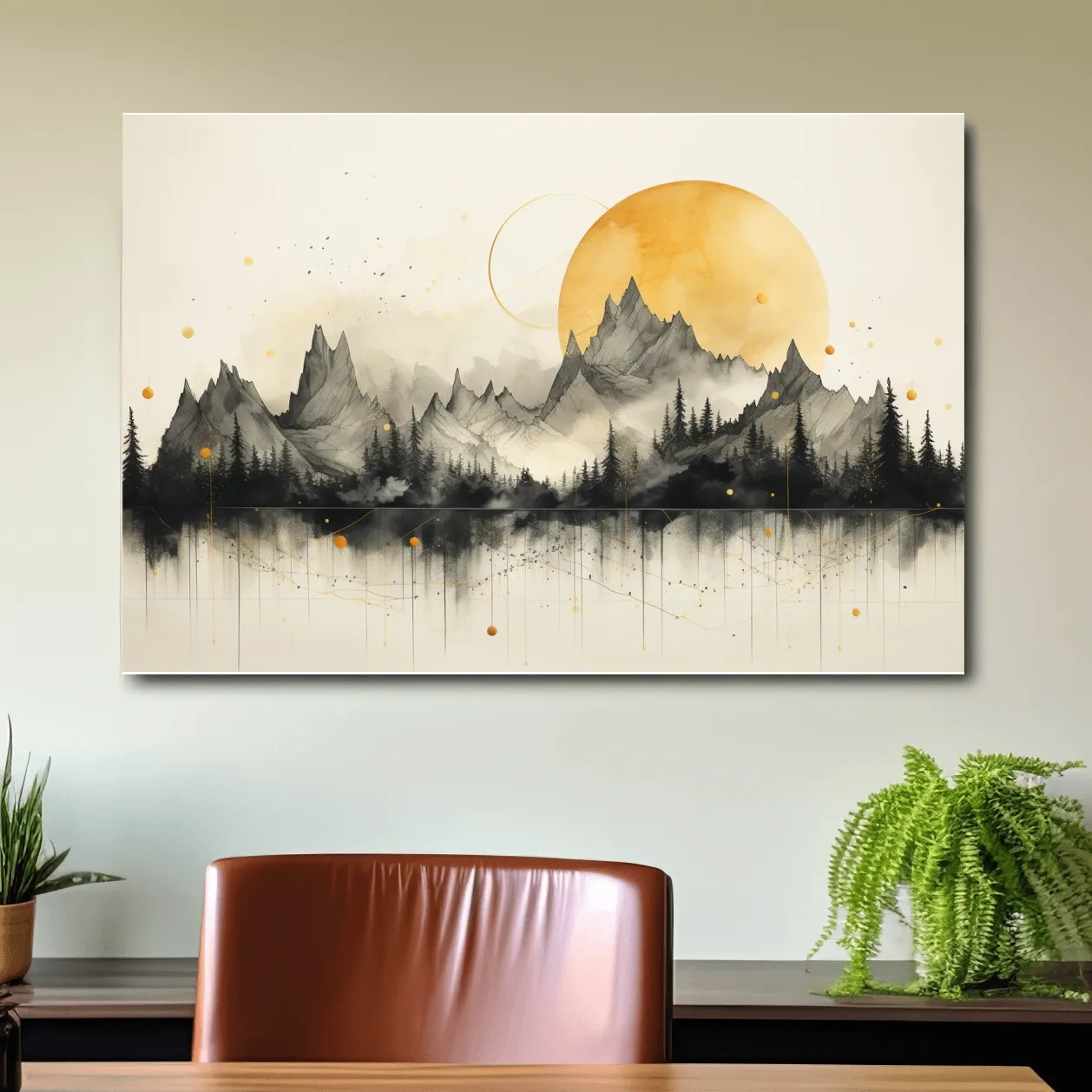 Golden Sun Abstract Mountain Range - Minimalist Watercolor Landscape Wall Art