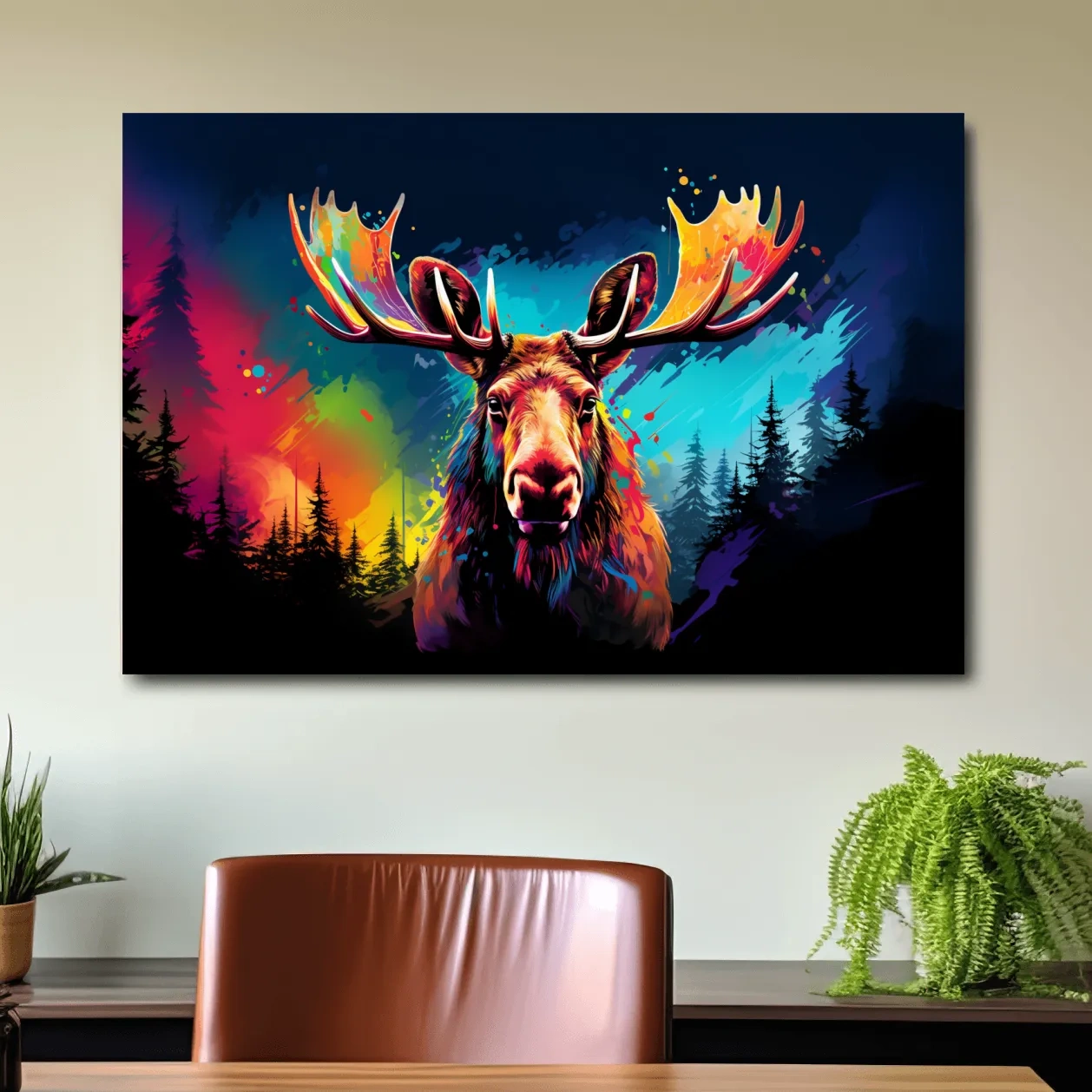 Vibrant Abstract Retro Moose Portrait - Colorful Splash Paint Wildlife Wall Art