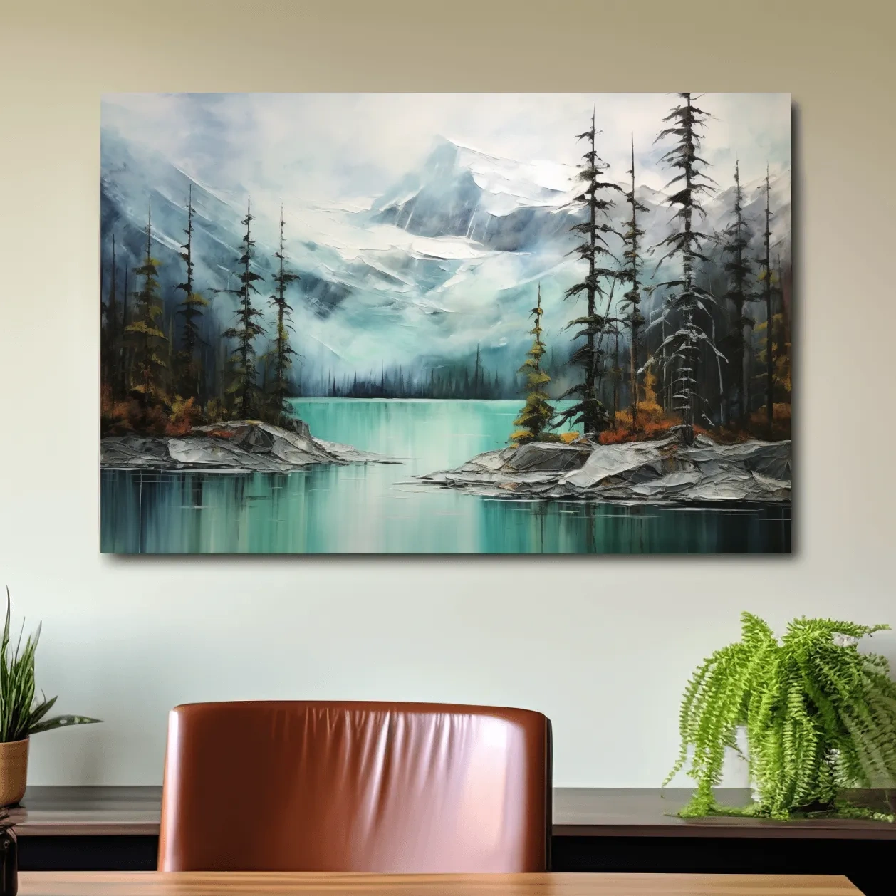 Misty Turquoise Mountain Lake Painting - Serene Alpine Forest Landscape Wall Art