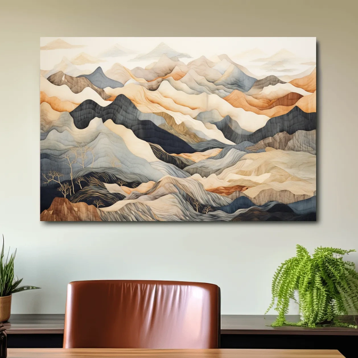 Tapestry style earthy coloured mountain artwork