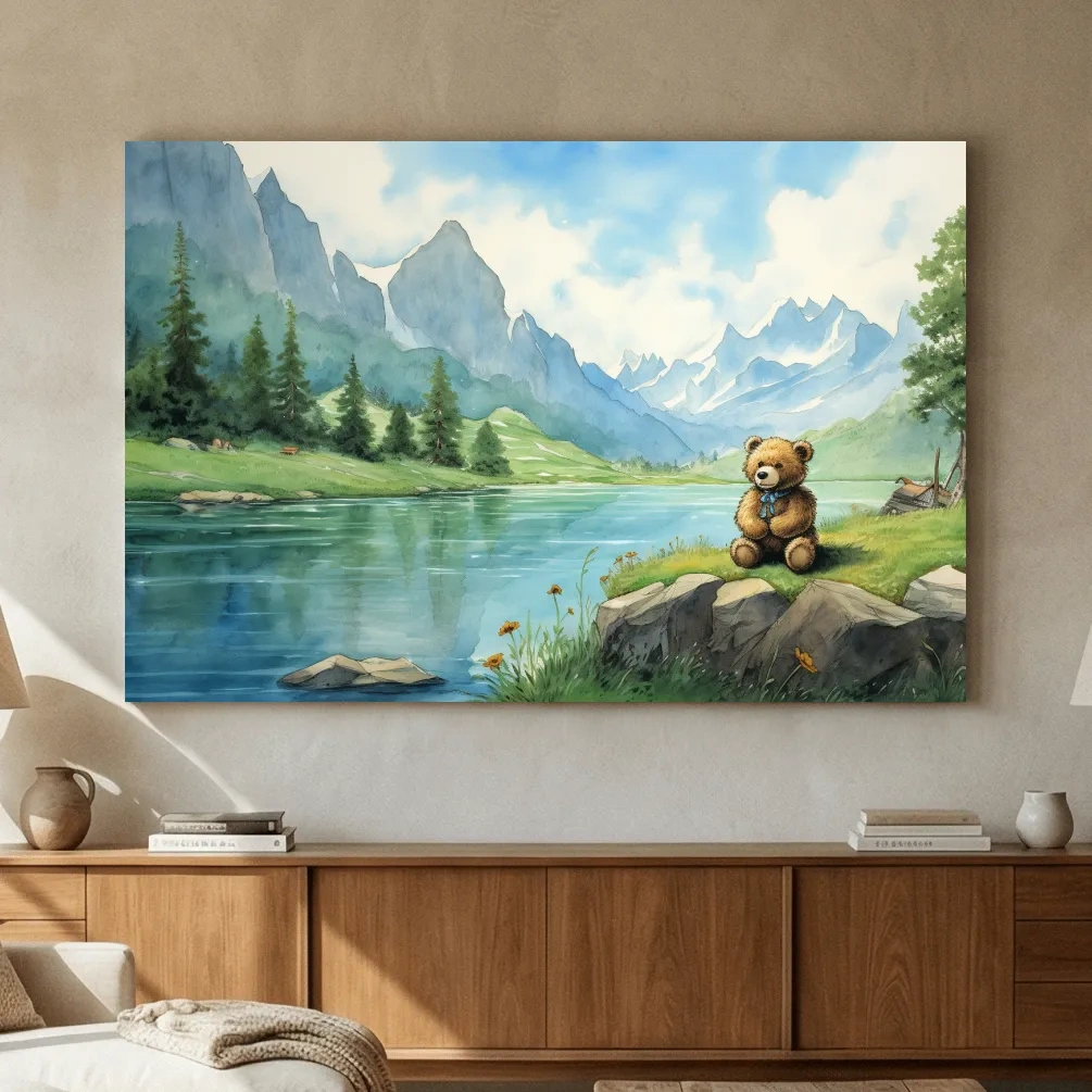 Whimsical Teddy Bear By Mountain Lake - Cute Watercolor Nursery Wall Art