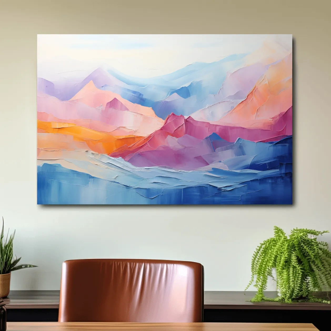 Abstract colourful oil painting representing mountains, canvas wall art