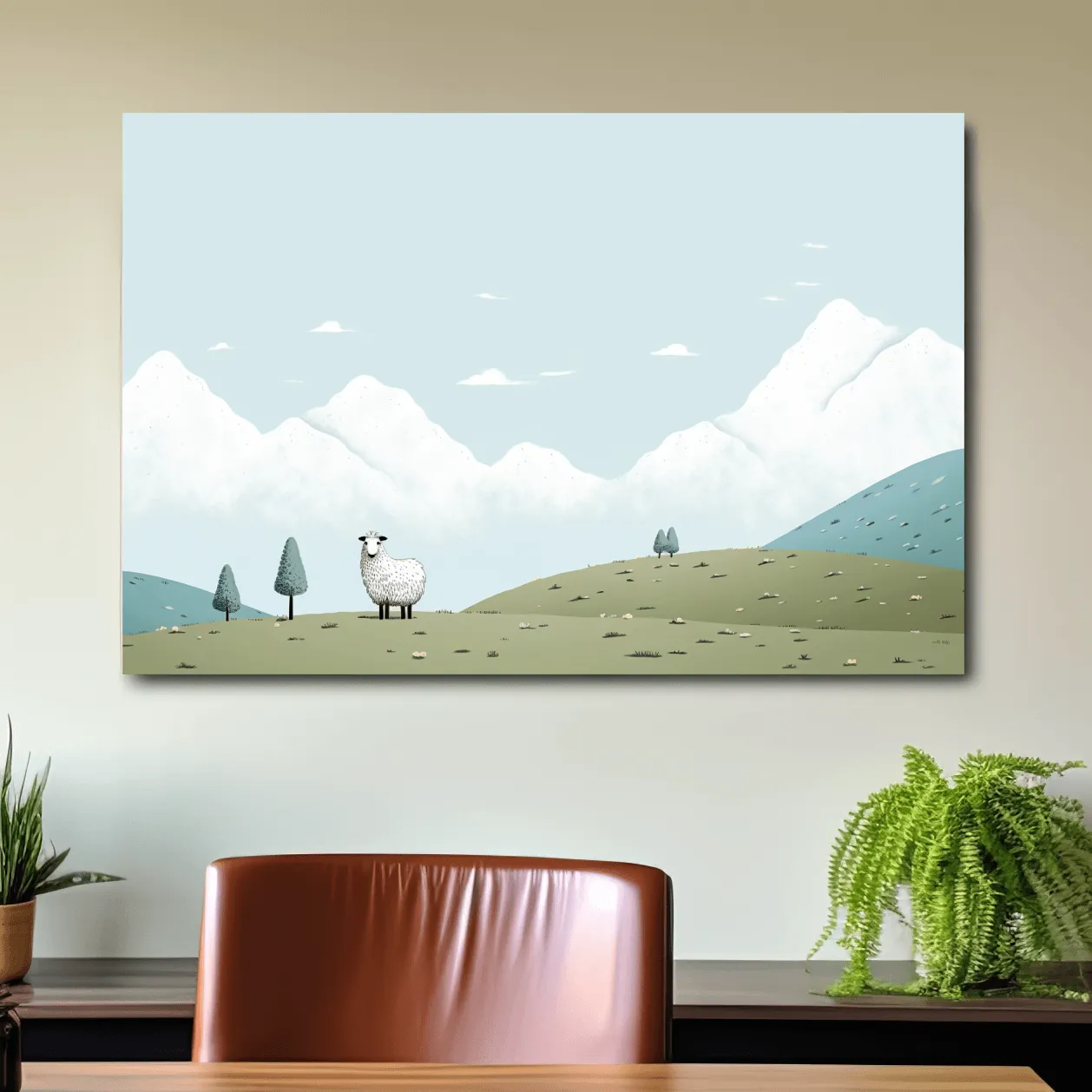Illustration of a sheep in an alpine landscape