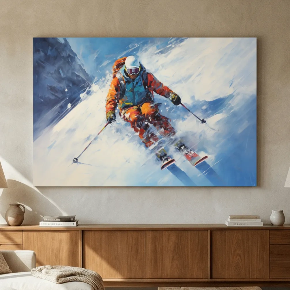 Dynamic Downhill Skier Painting - Snowy Alpine Adventure Wall Art