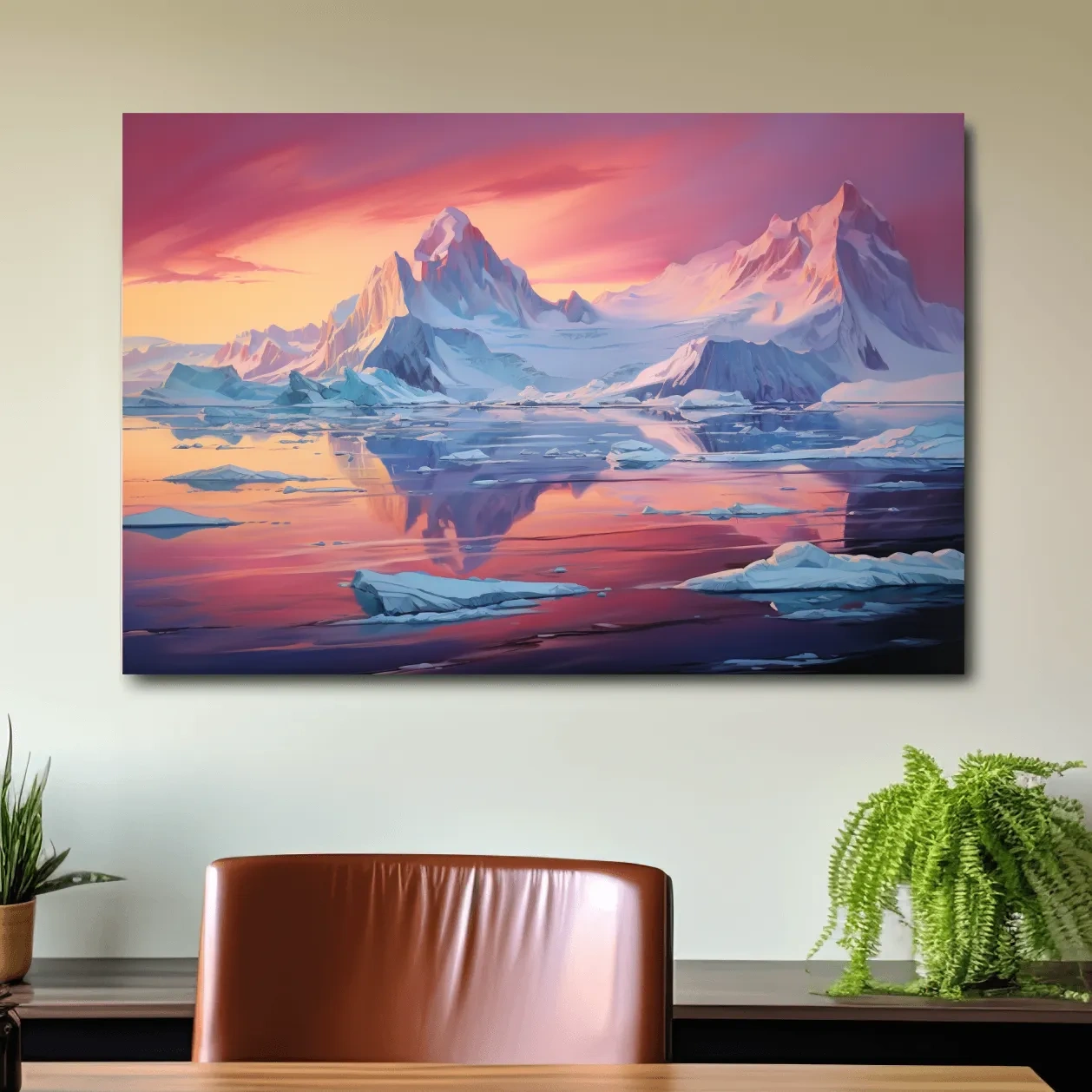 Painting of a sunset over the antarctic glacier