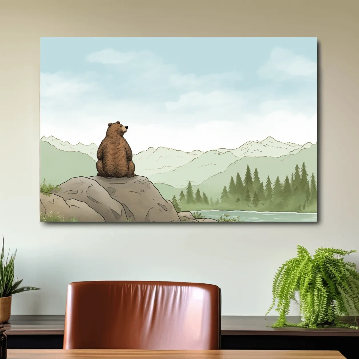 Illustration of a bear chilling on a rock, nursery artwork