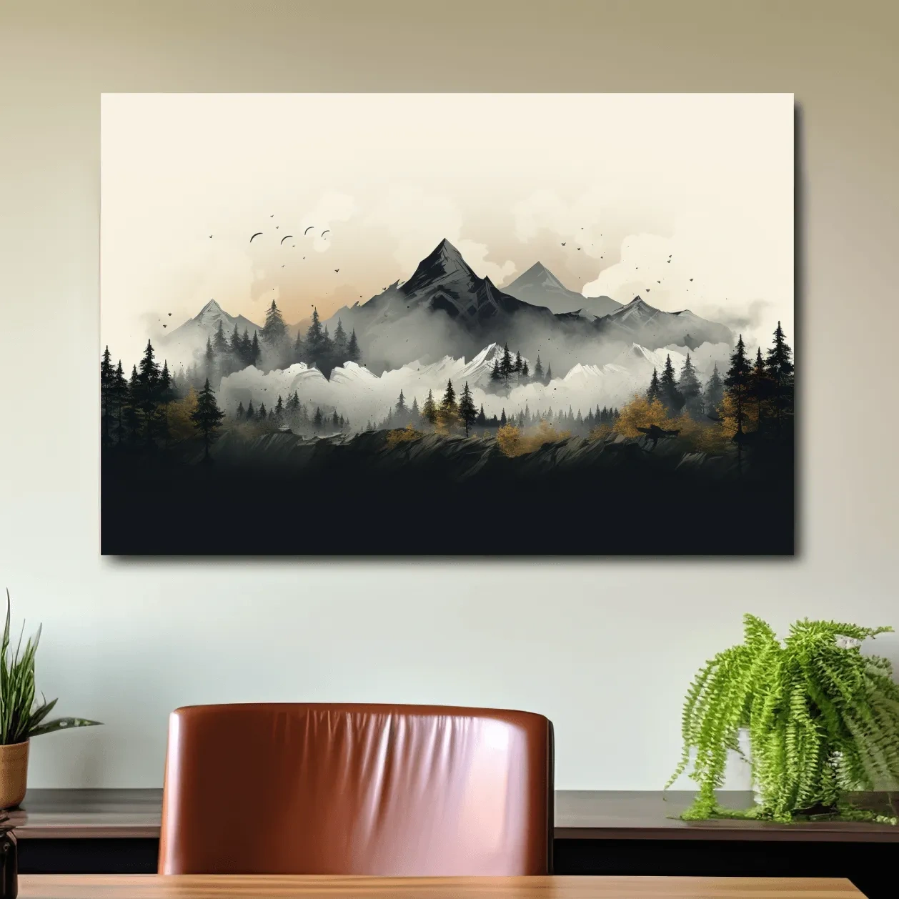 Illustration of treelined mountains