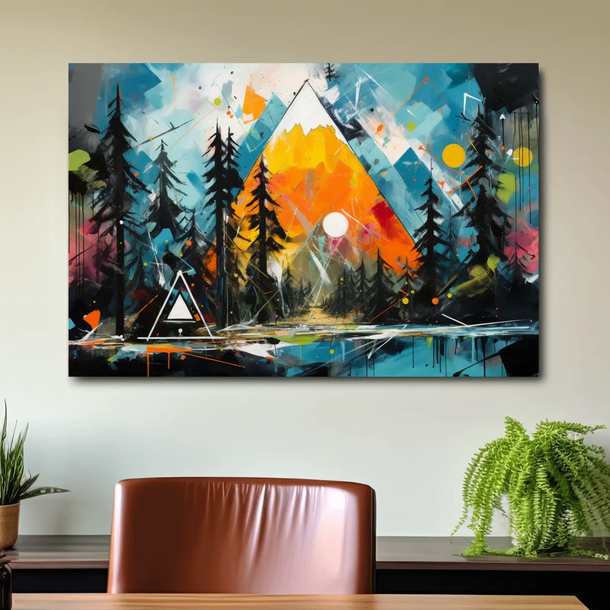Vibrant Abstract Mountain Sunrise With Pine Forest - Energetic Landscape Wall Art
