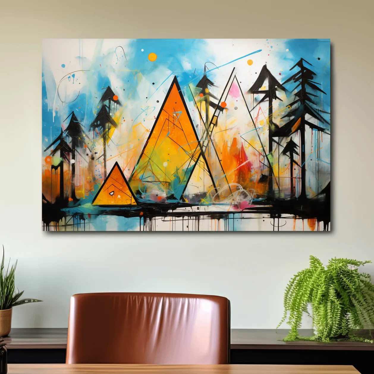 Abstract colourful mountain shapes, triangles forming mountains painting