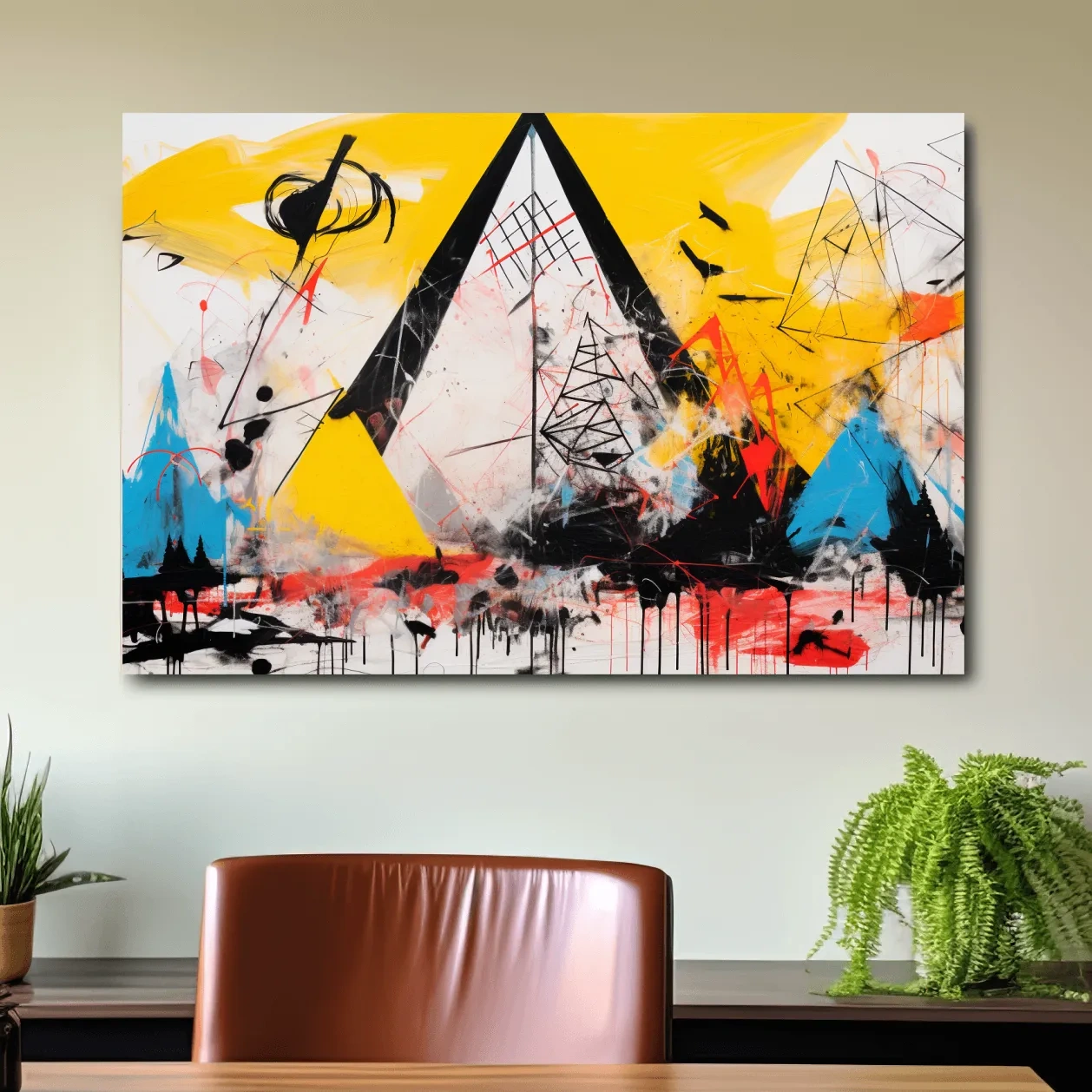 Abstract energetic graffiti style geometric mountain painting